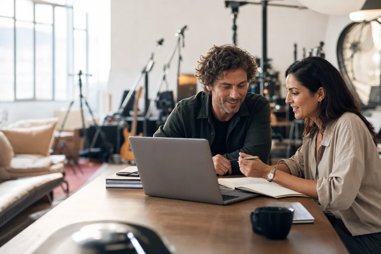 Two creative business owners reviewing contractor engagement paperwork on a laptop in a production studio