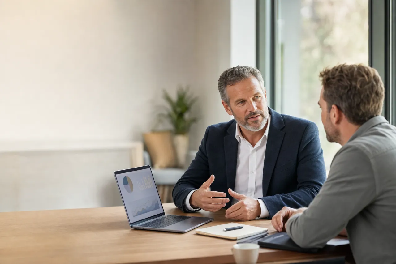 Accountant talking a client through end of financial year figures shown on a laptop