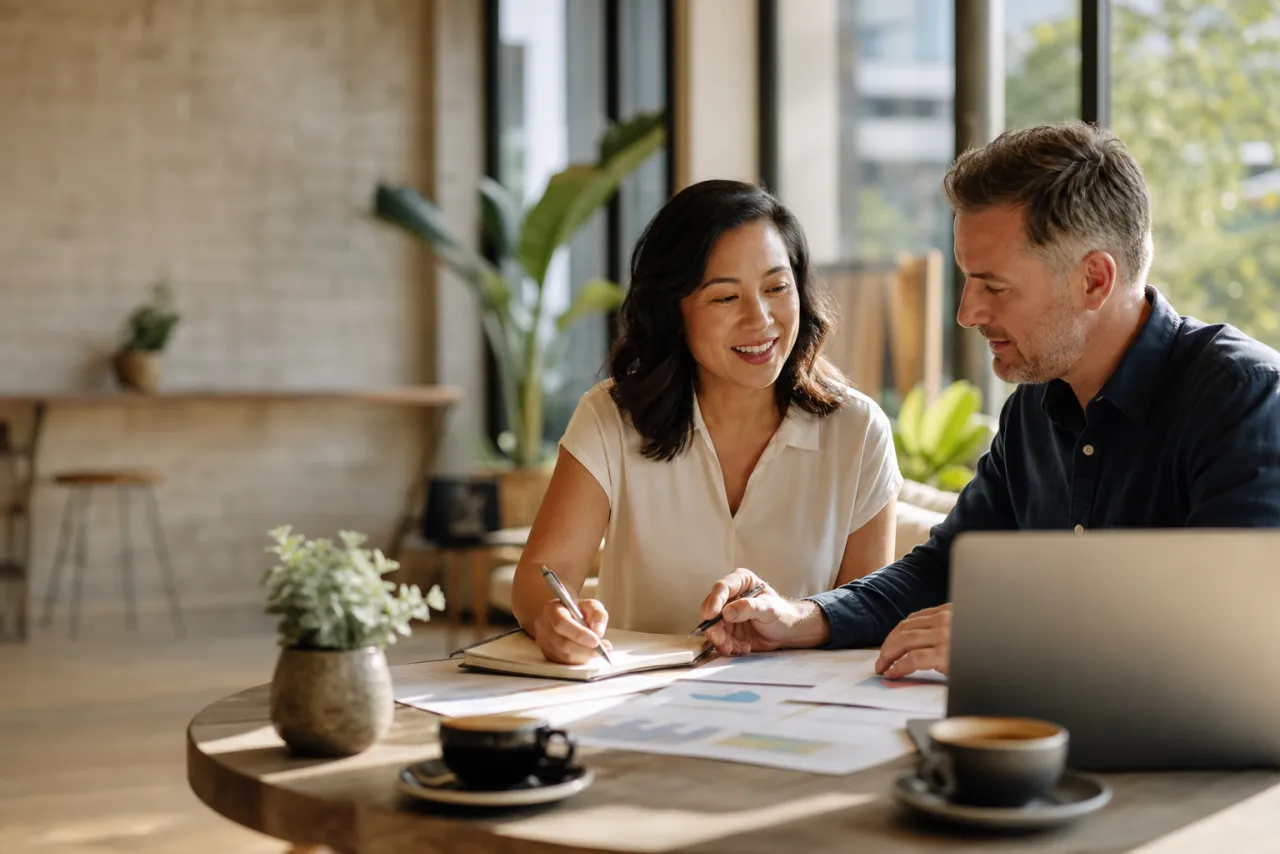 Two creative business owners comparing sole trader, company and trust structure options over coffee